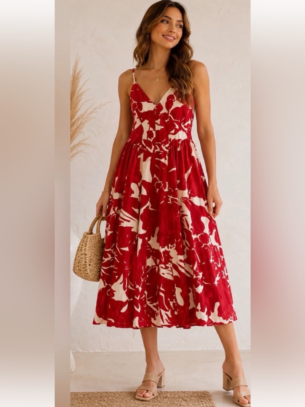 Japna Red and Cream Floral Midi Dress with Spaghetti Straps